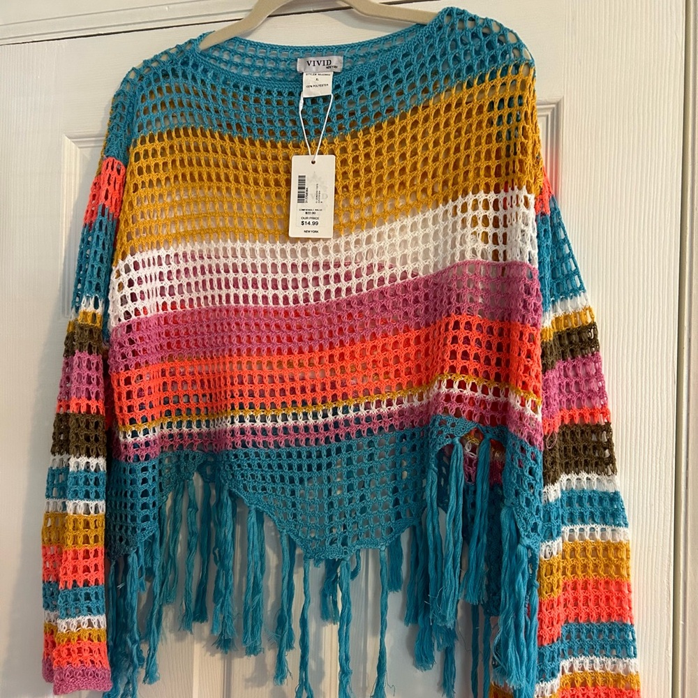 Vivid XL NWT striped long sleeve crocheted poncho shawl.